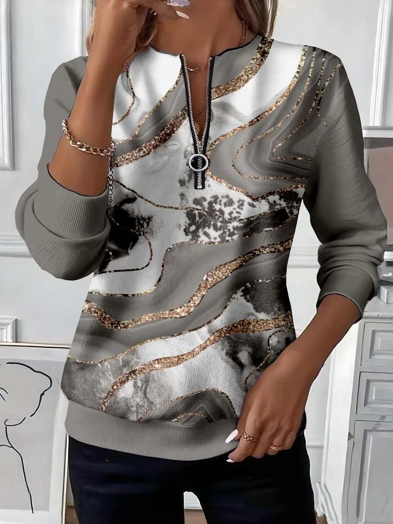 Women's Abstract Print Casual Zip-Up Long Sleeve Sweatshirt