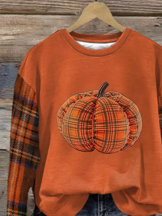 Crew Neck Casual Plaid Loose Sweatshirt
