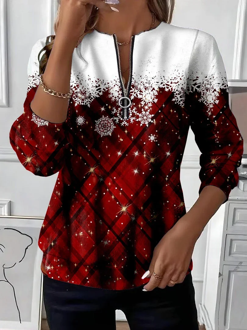 Women's Christmas Print Casual Zipper Long Sleeve Sweatshirt