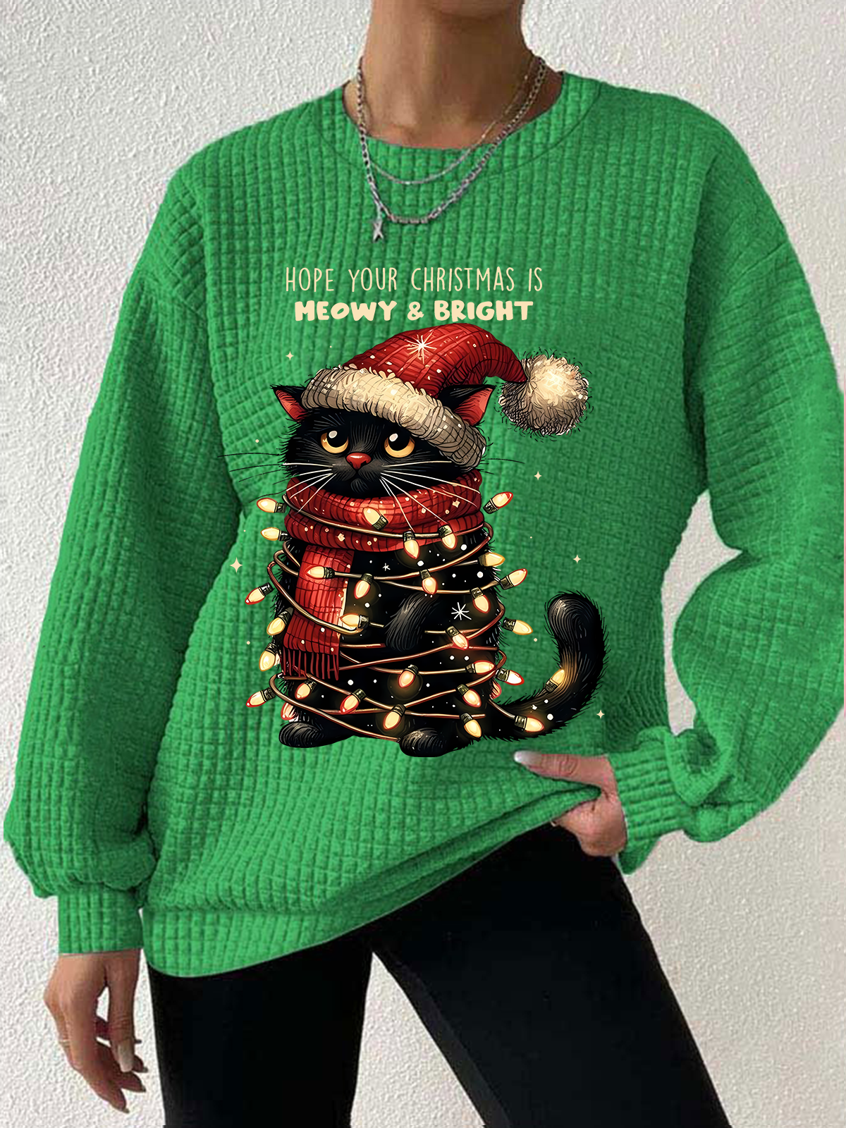 Women's Christmas Cat Blessings Waffle Sweatshirt
