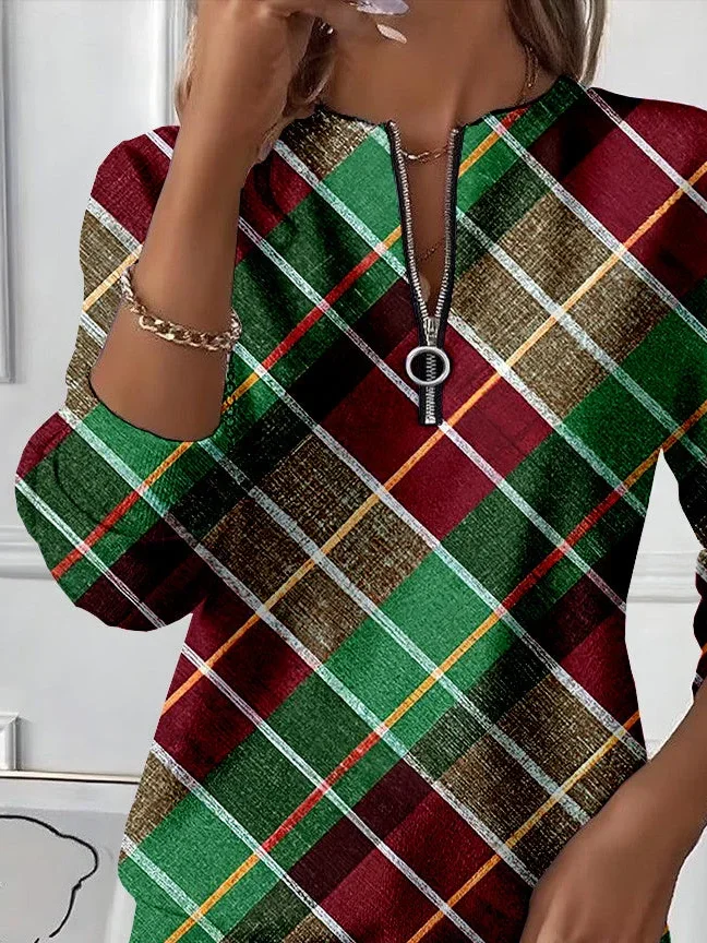 Women's Christmas Print Casual Zipper Long Sleeve Sweatshirt