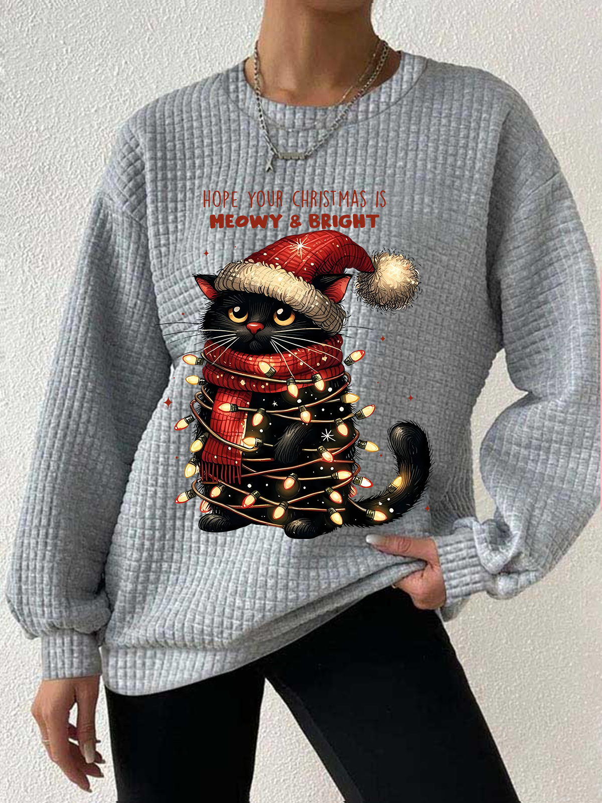 Women's Christmas Cat Blessings Waffle Sweatshirt