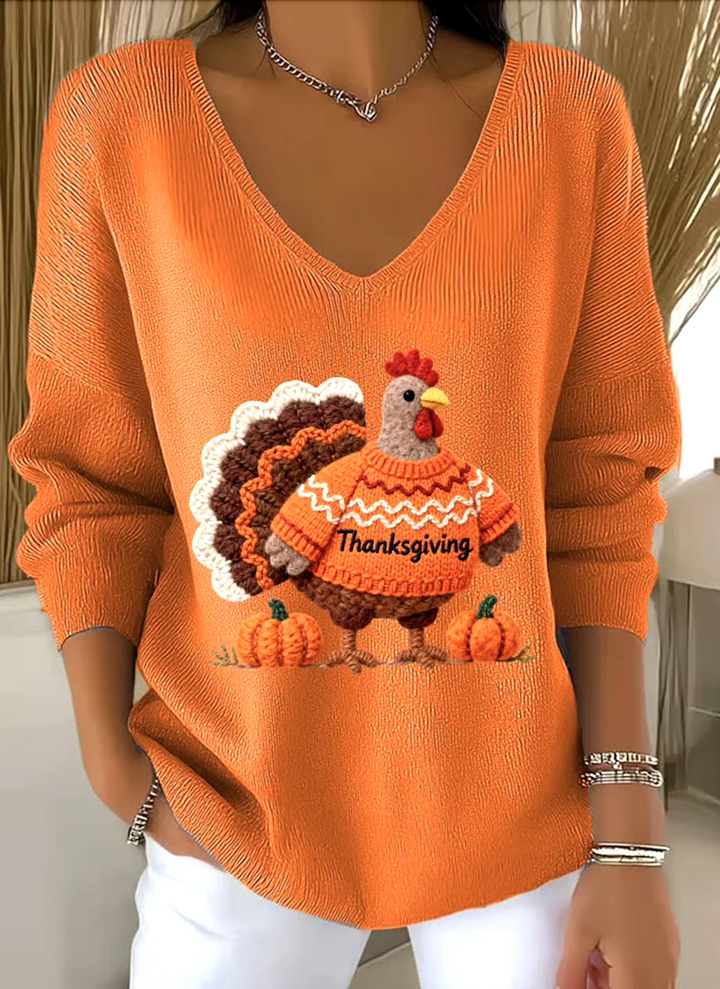Casual V Neck Cotton Animal Sweater