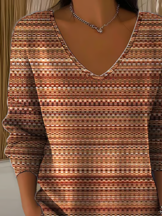 Women's Long Sleeve T-shirt Spring/Fall Brown Abstract Stripes Printing V Neck Daily Going Out Casual Top