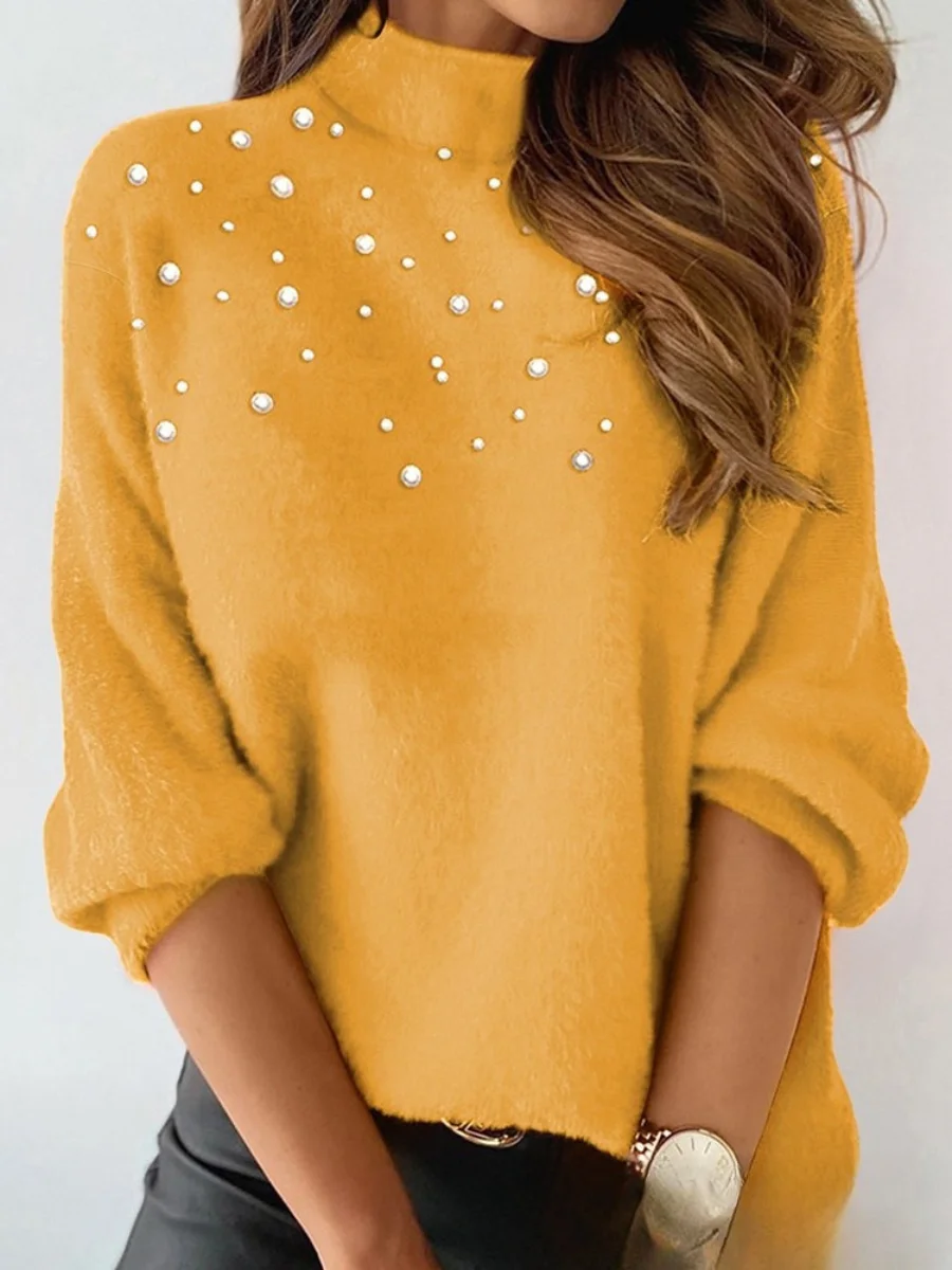 Simple Printing Beaded Turtleneck Sweater