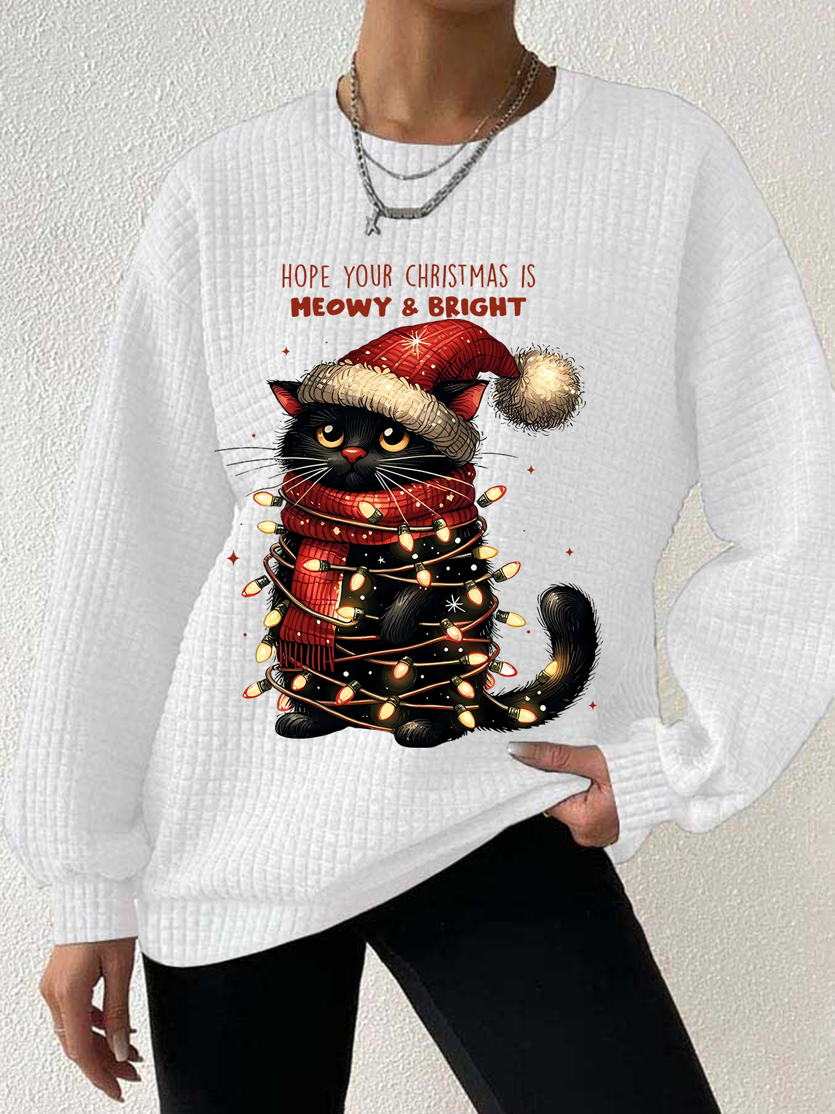 Women's Christmas Cat Blessings Waffle Sweatshirt