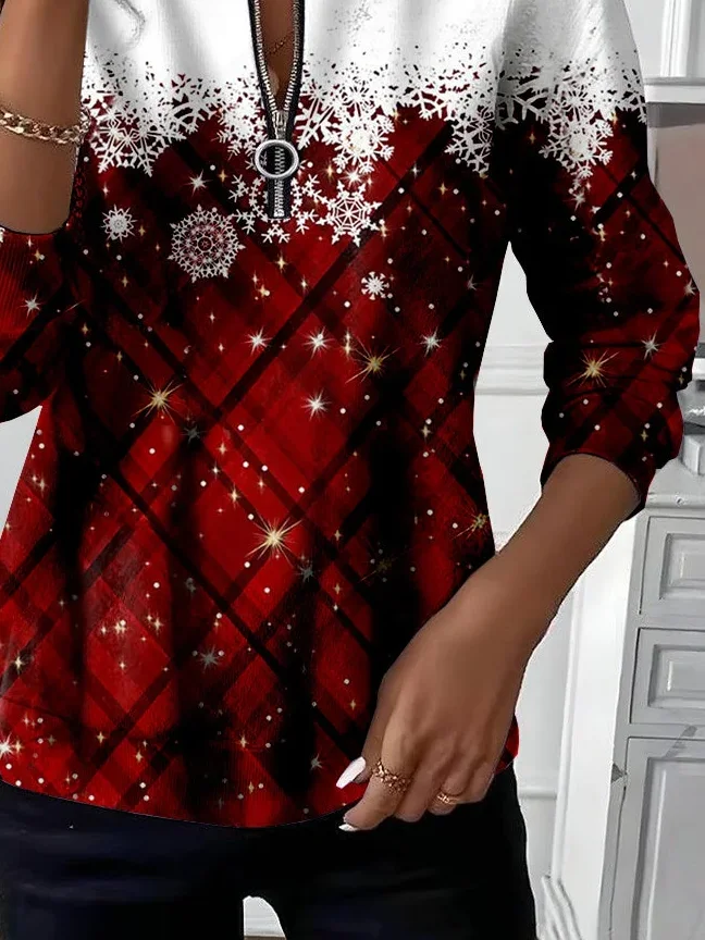 Women's Christmas Print Casual Zipper Long Sleeve Sweatshirt