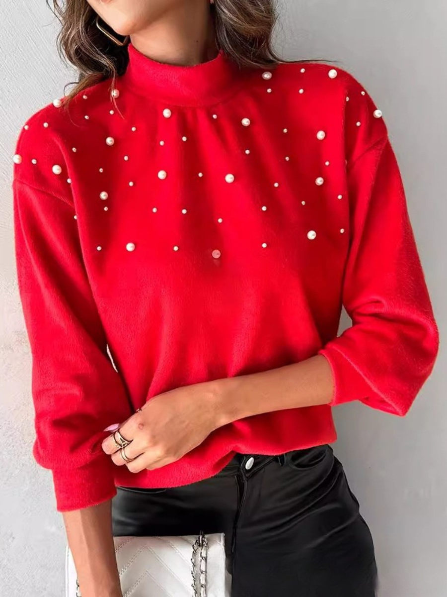 Simple Printing Beaded Turtleneck Sweater