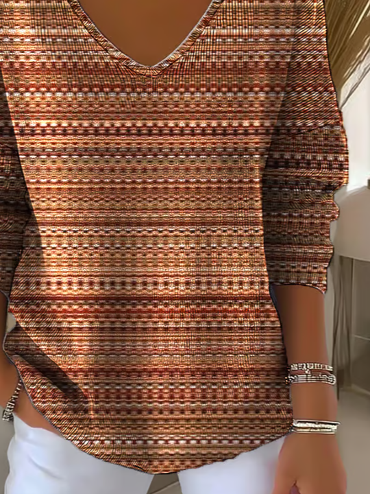 Women's Long Sleeve T-shirt Spring/Fall Brown Abstract Stripes Printing V Neck Daily Going Out Casual Top