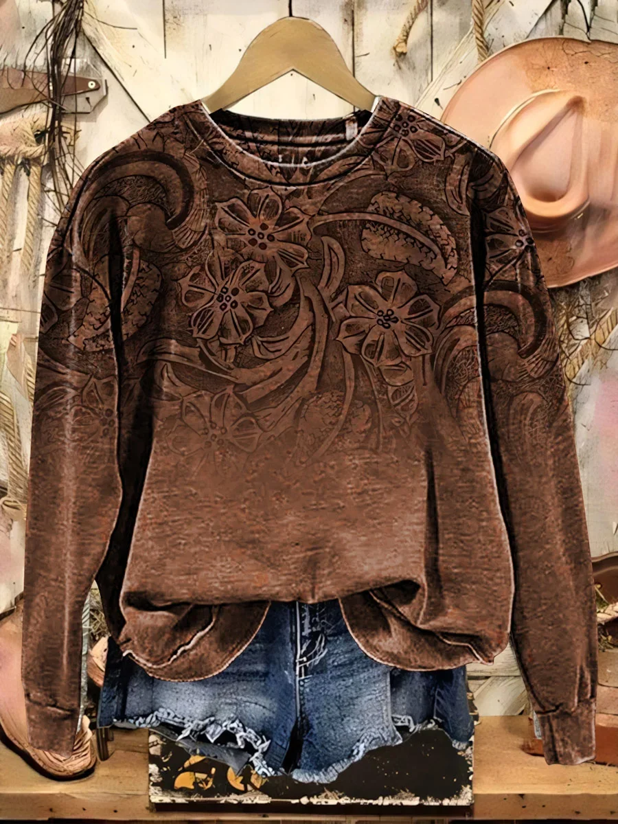 Crew Neck Printing Casual Floral Sweatshirt