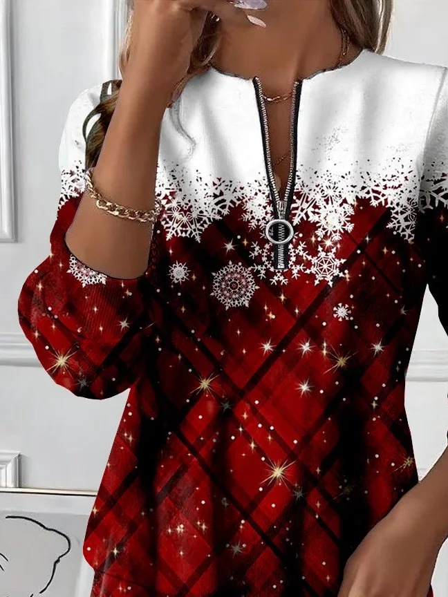 Women's Christmas Print Casual Zipper Long Sleeve Sweatshirt
