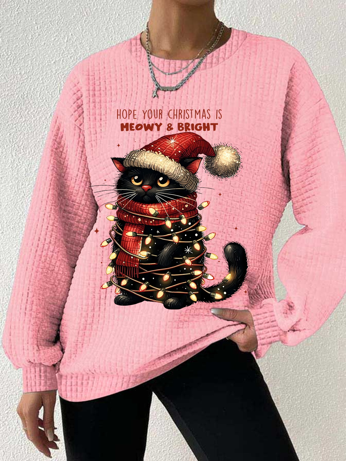 Women's Christmas Cat Blessings Waffle Sweatshirt