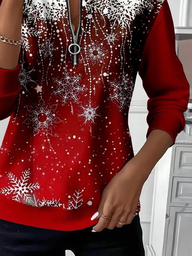 Women's Christmas Print Casual Zipper Long Sleeve Sweatshirt