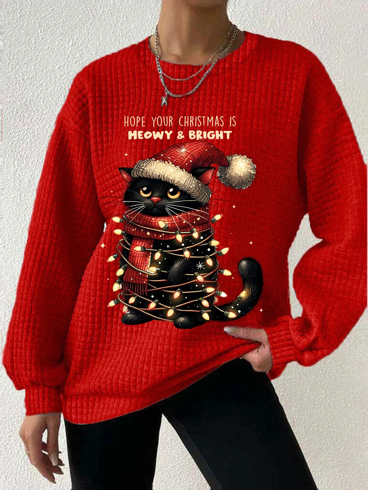 Women's Christmas Cat Blessings Waffle Sweatshirt