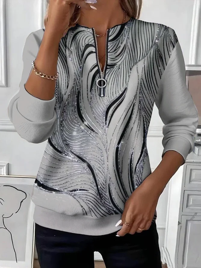 Women's Abstract Print Casual Zipper Long Sleeve Sweatshirt