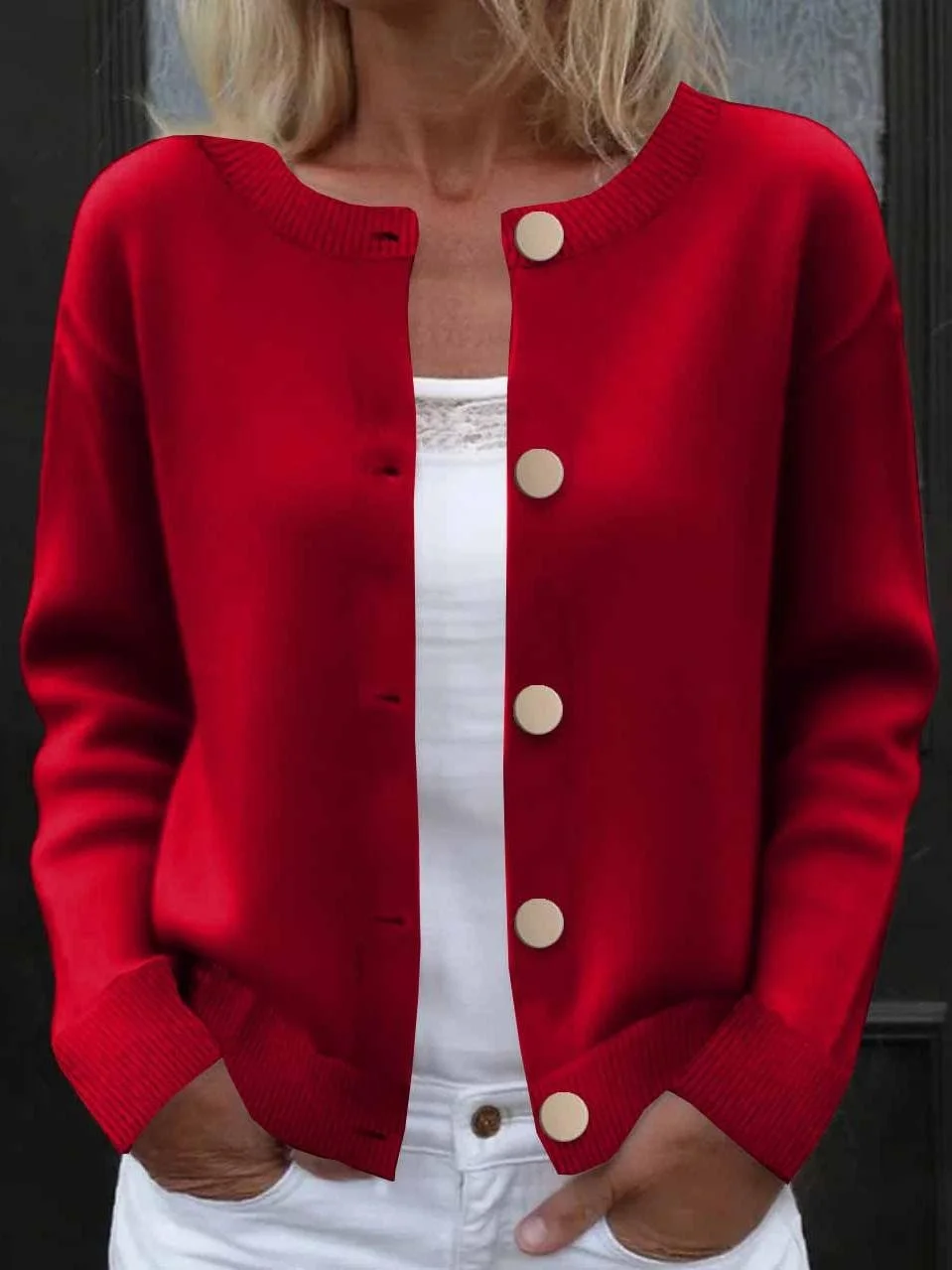 Simple Plain Crew Neck Loose Cardigan