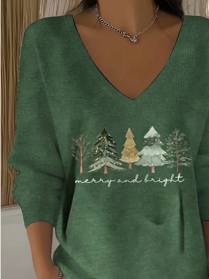 Women's Long Sleeve T-shirt Spring/Fall Green Christmas Printing V Neck Daily Going Out Casual Top