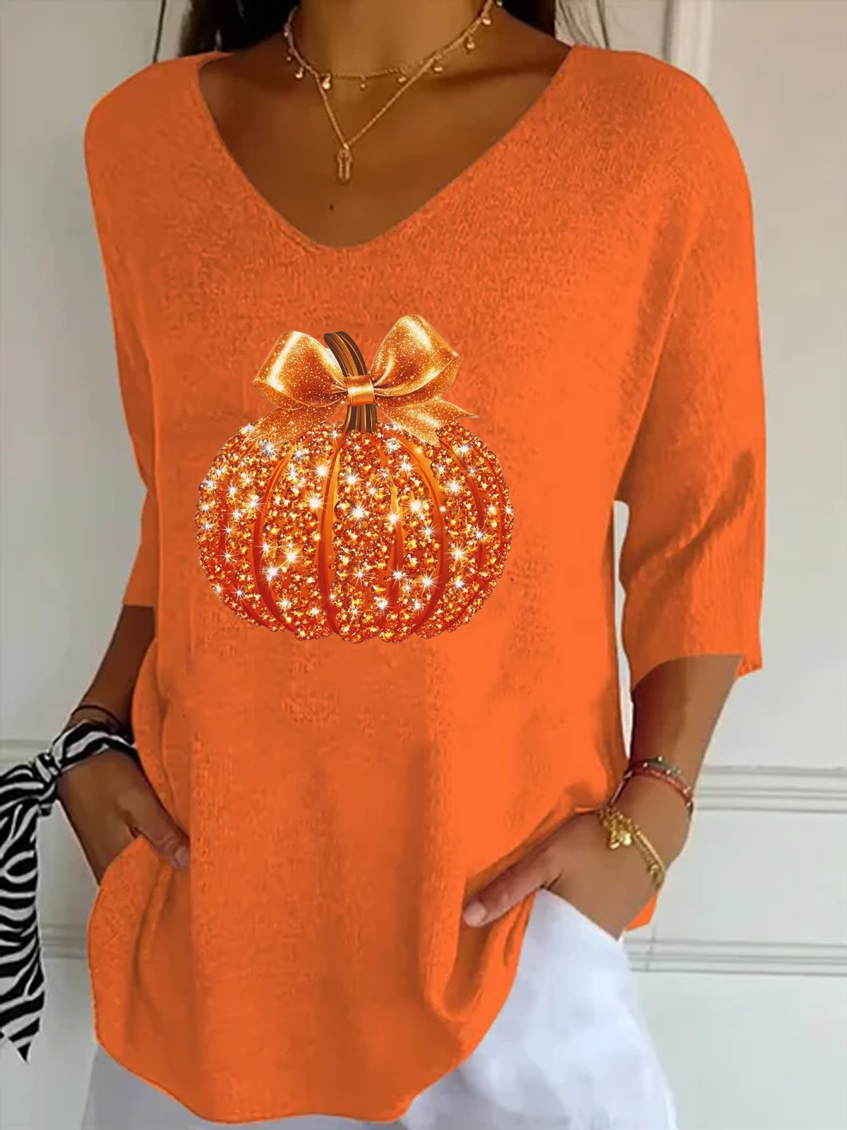 Women's Halloween Print Casual V-Neck T-Shirt