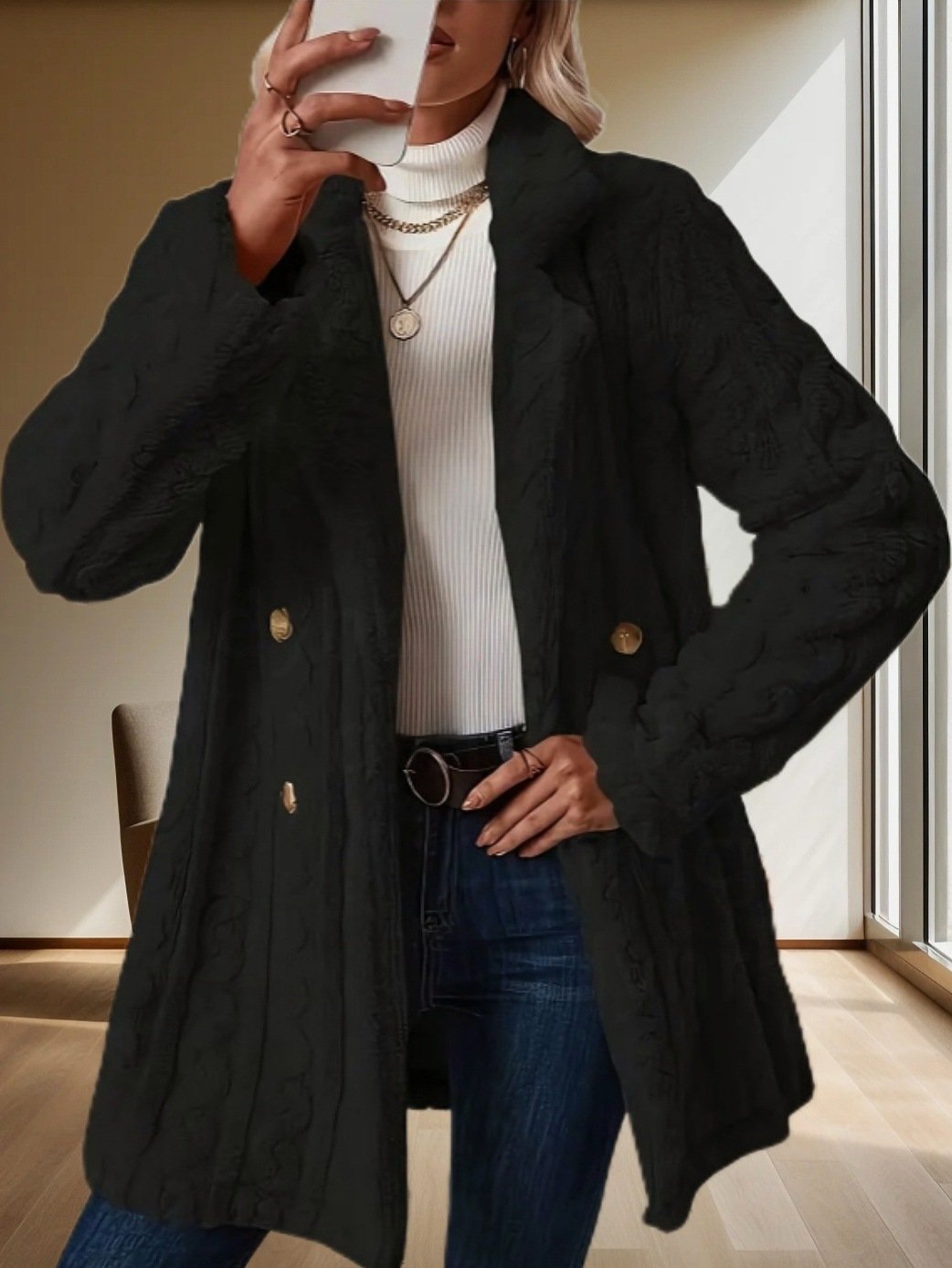 Lapel Collar Casual Loose Plain Teddy Jacket