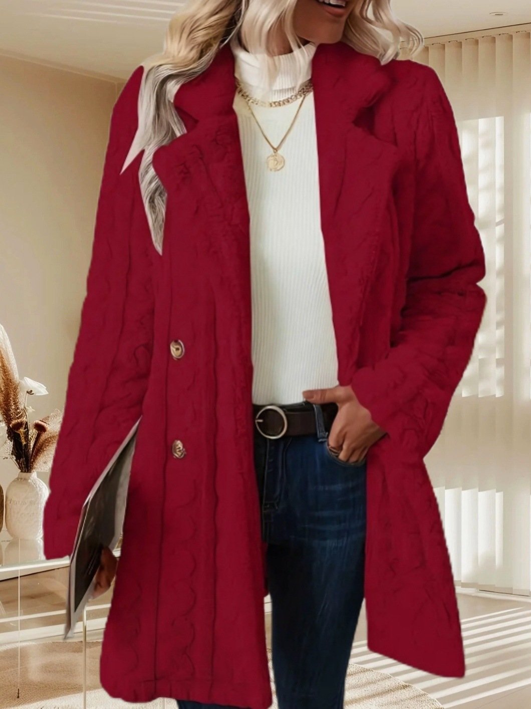 Lapel Collar Casual Loose Plain Teddy Jacket