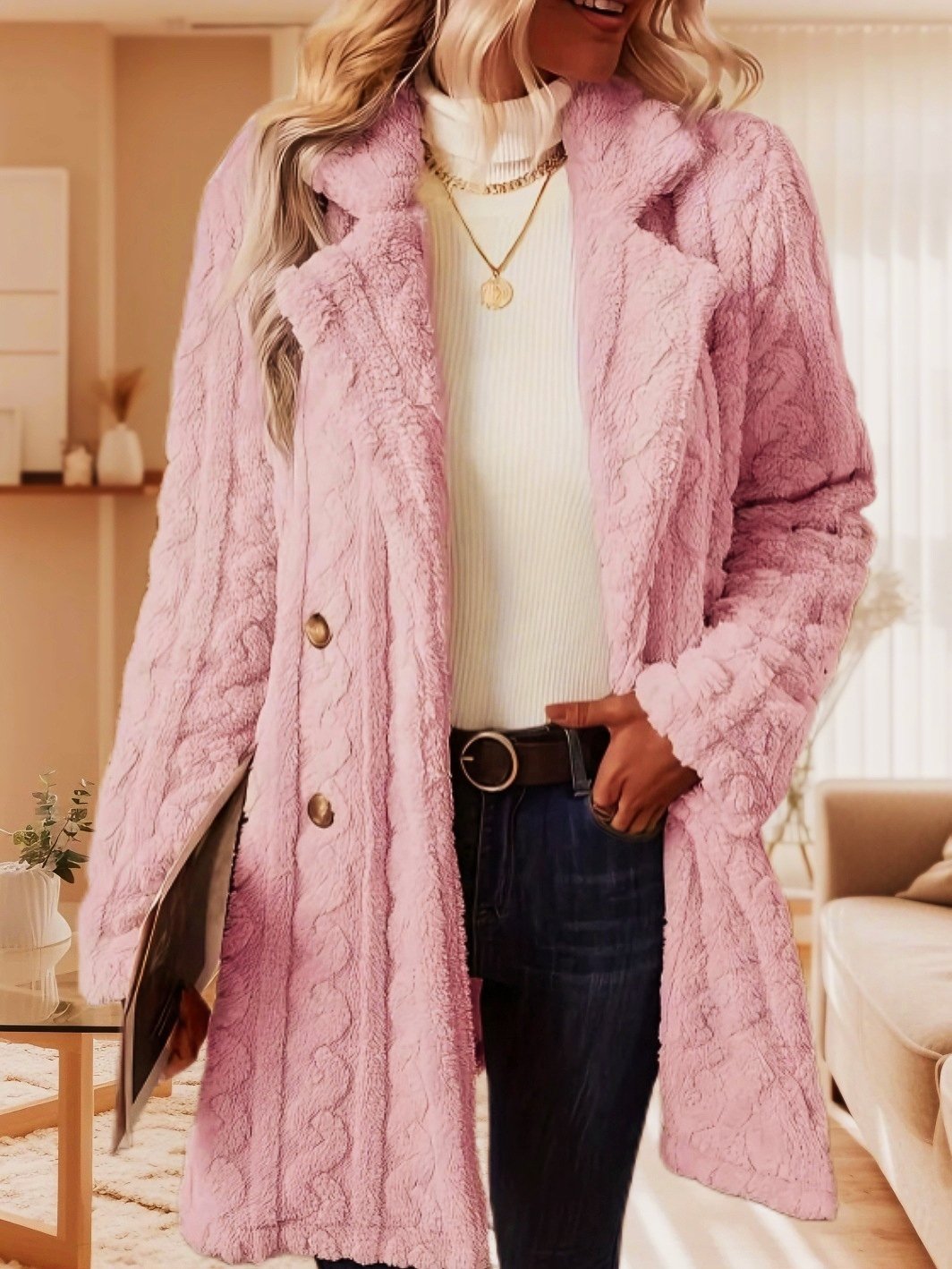 Lapel Collar Casual Loose Plain Teddy Jacket