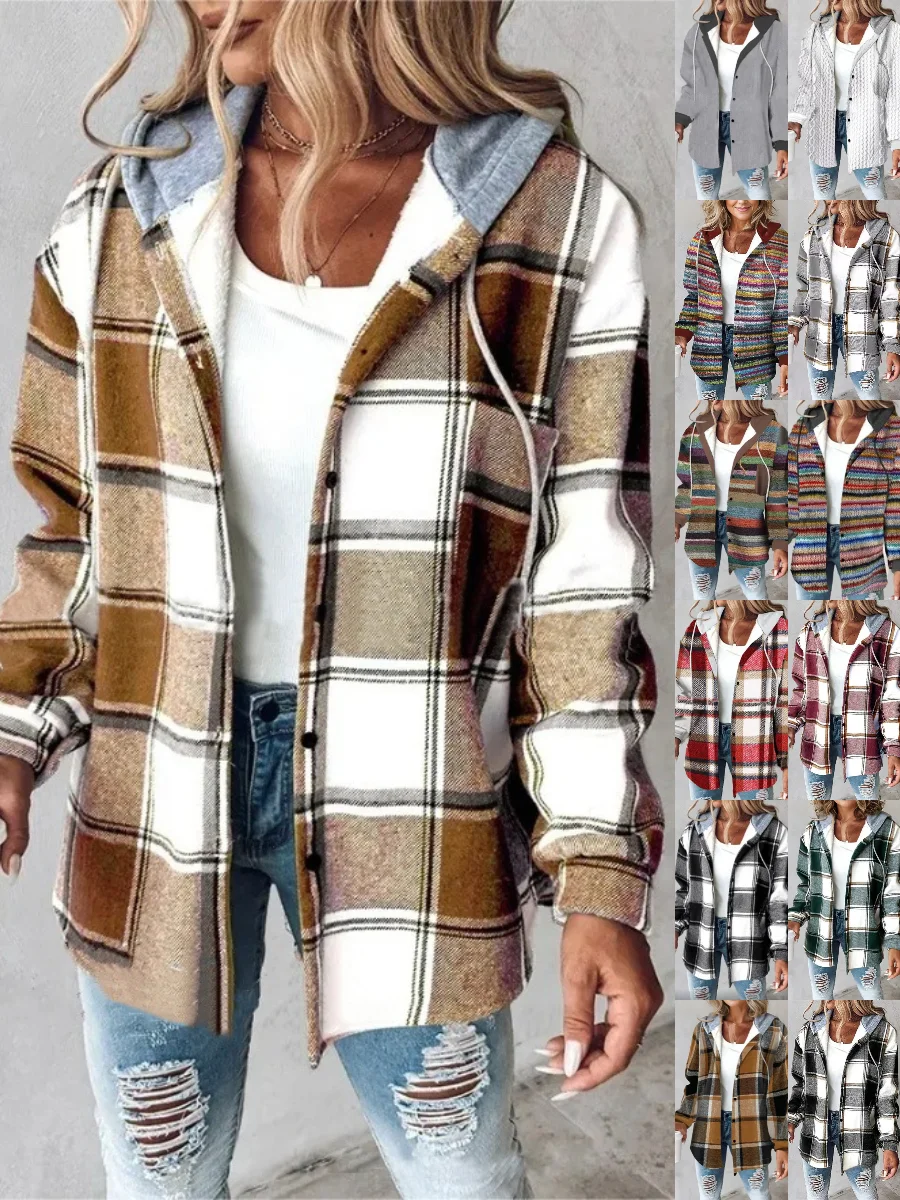 Urban Split Joint Color Block Women's Faux Wool Plaid Striped Jacket