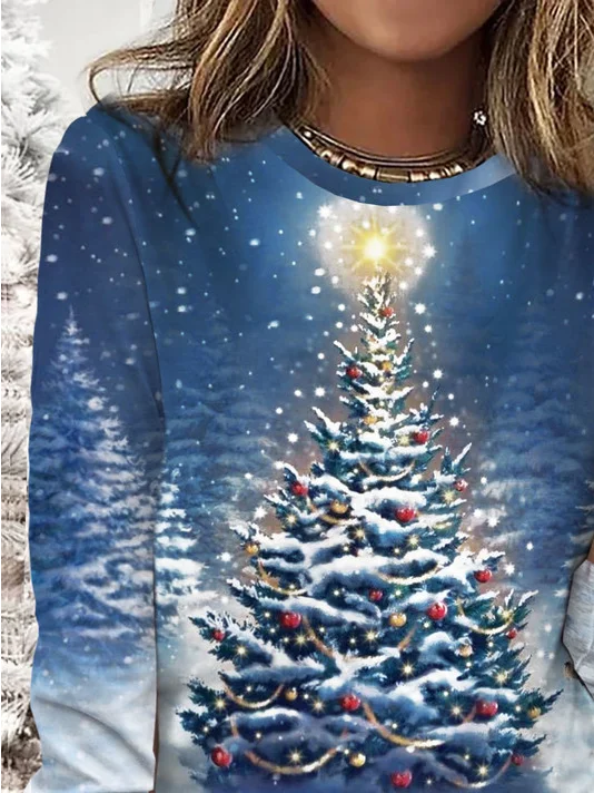 Women's Crew Neck Long Sleeve T-Shirt Christmas Gradient Pattern