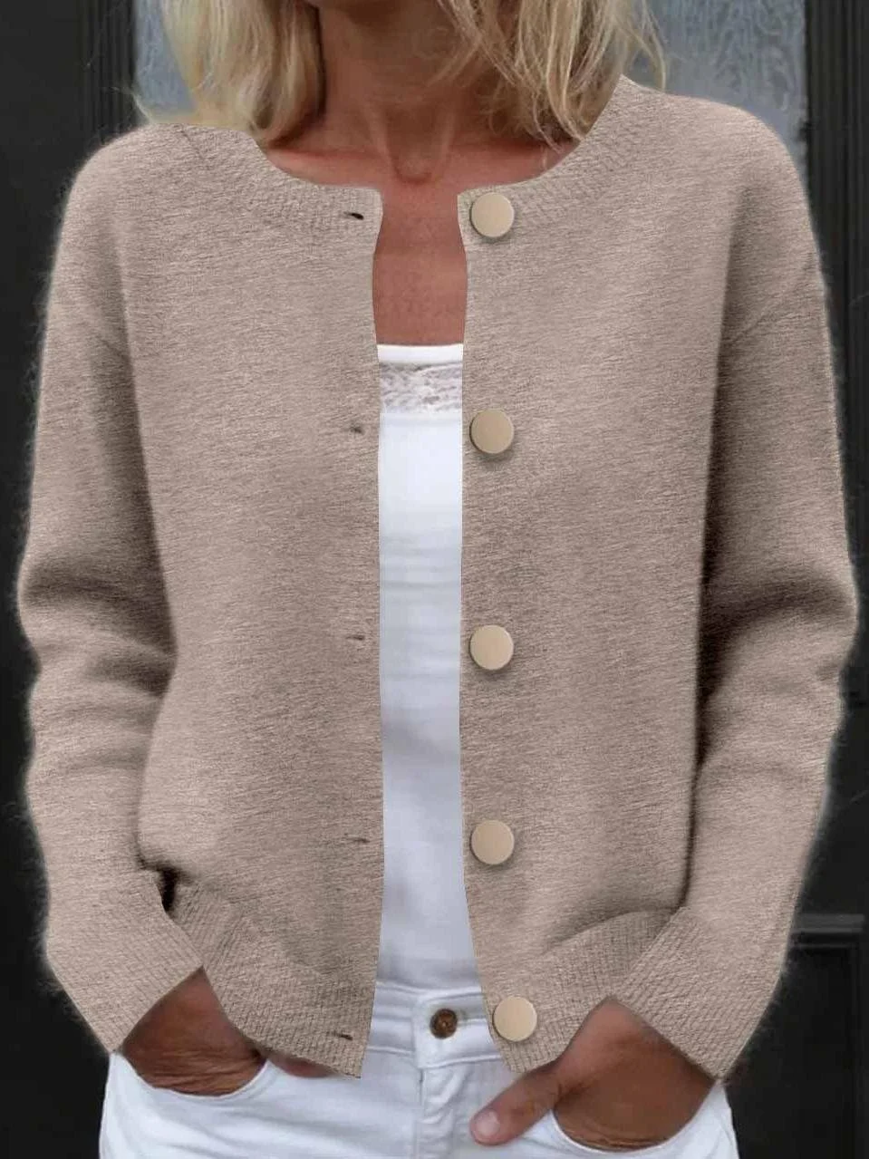 Simple Plain Crew Neck Loose Cardigan