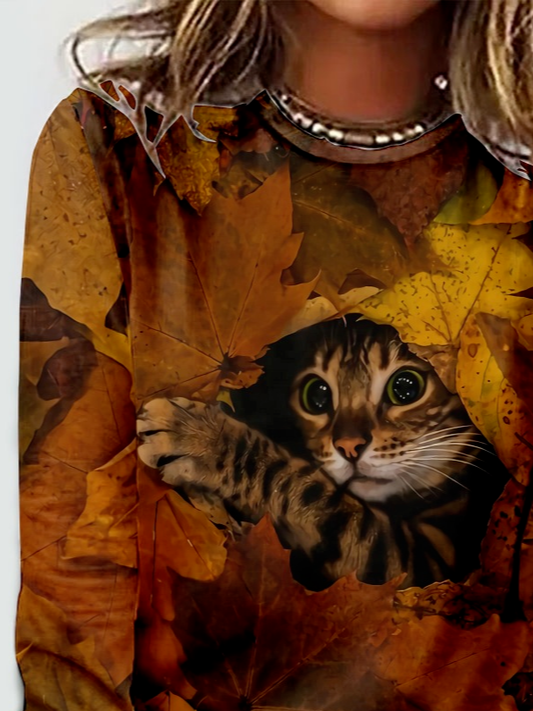 Women's Crew Neck Long Sleeve T-Shirt with Autumn Animal Maple Leaf Print
