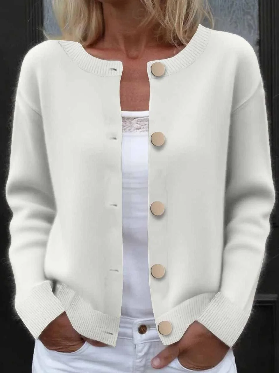 Simple Plain Crew Neck Loose Cardigan