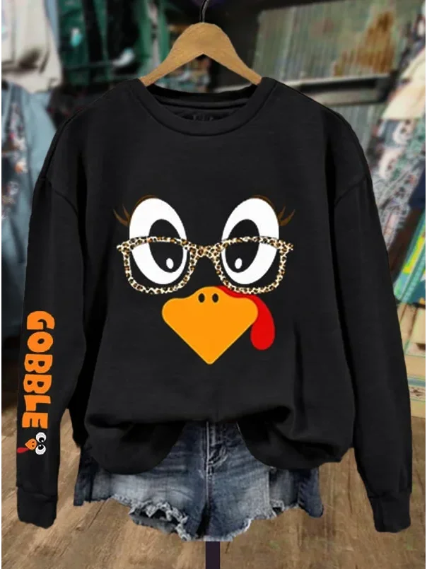 Women's Turkey Print Thanksgiving Crew Neck Sweatshirt