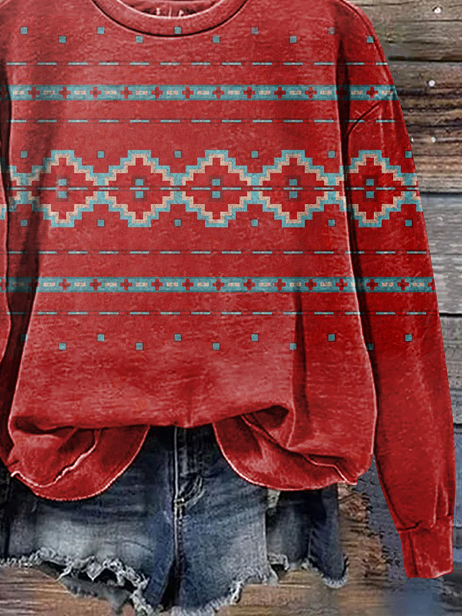 Crew Neck Geometric Casual Printing Sweatshirt