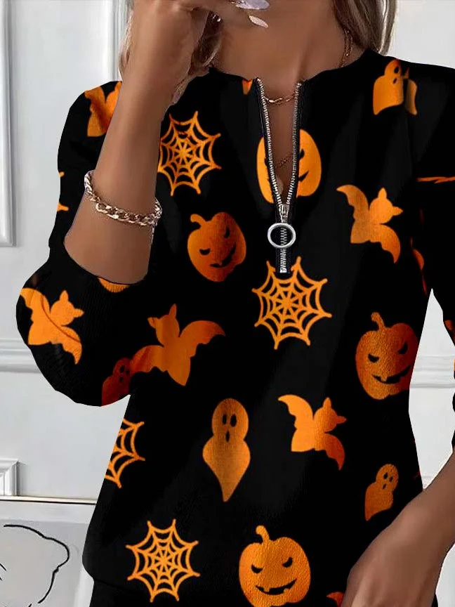 Women's Halloween Print Casual Zipper Long Sleeve Sweatshirt