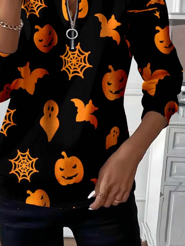 Women's Halloween Print Casual Zipper Long Sleeve Sweatshirt
