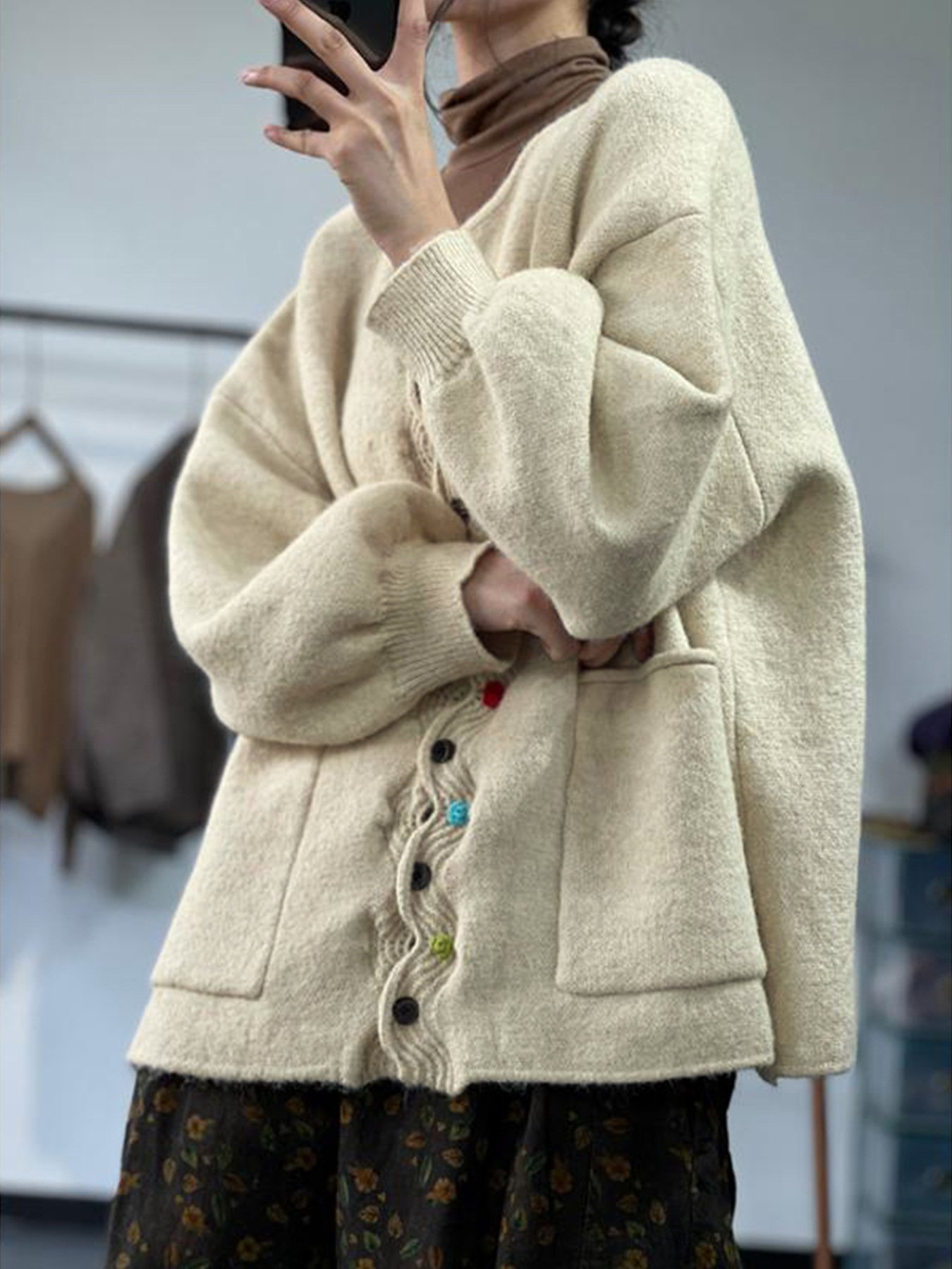 Casual Multicolor Block V Neck Loose Cardigan