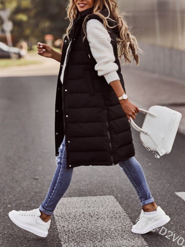 Zipper Plain Elegant Cotton Coat Solid Color Hooded Single-breasted Mid-length Cotton Vest Slim Fit Temperament Cardigan Jacket Top