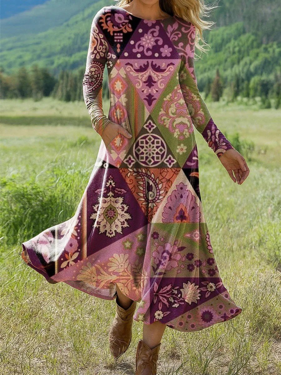 Loose Boho Multicolor Block Crew Neck Dress With No