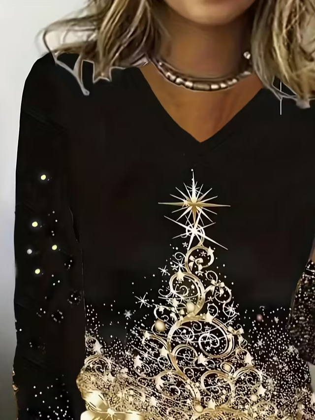 Women's Long Sleeve T-shirt Spring/Fall Black Christmas Printing Jersey V Neck Daily Going Out Casual Top