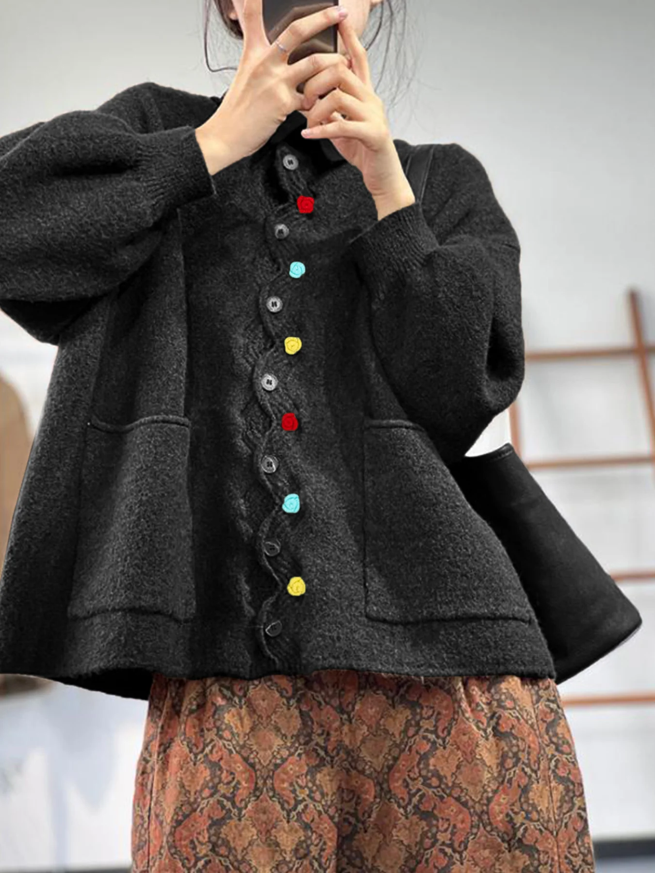 Casual Multicolor Block V Neck Loose Cardigan