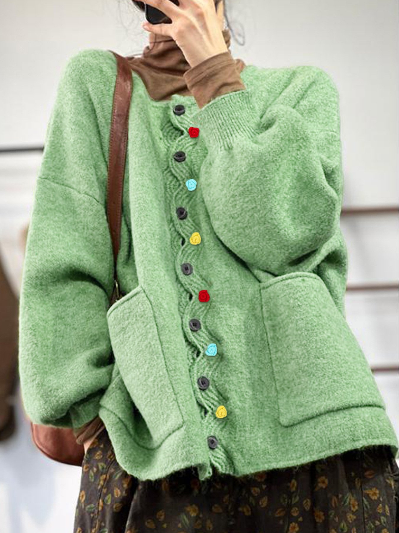 Casual Multicolor Block V Neck Loose Cardigan