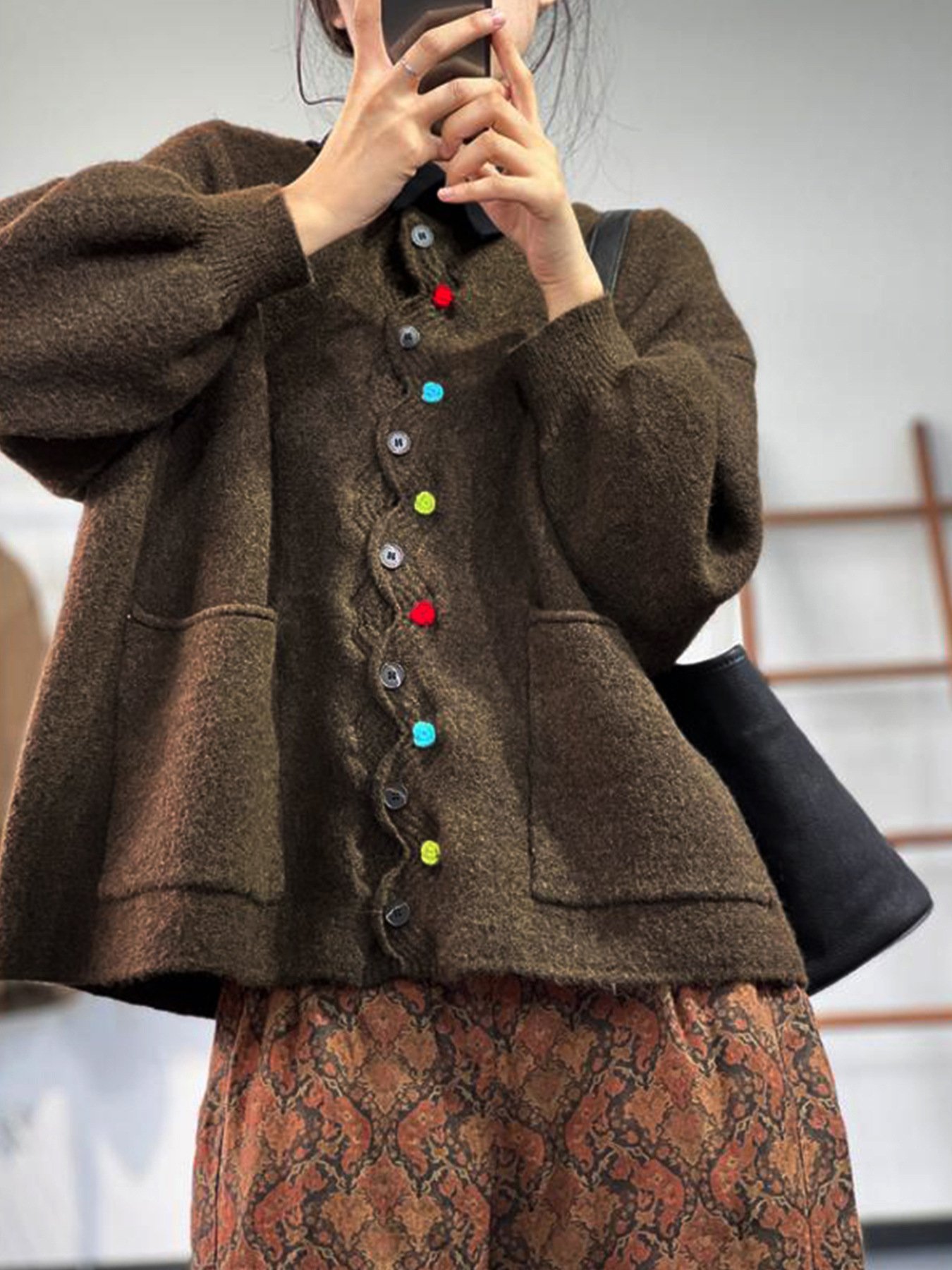 Casual Multicolor Block V Neck Loose Cardigan