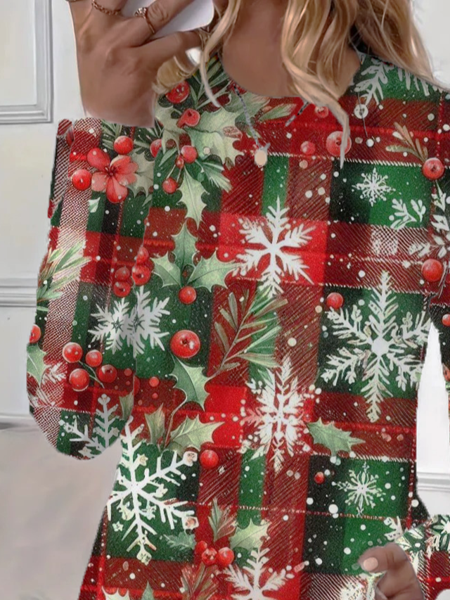 Women's Long Sleeve T-shirt Spring/Fall Red Christmas Printing Jersey Crew Neck Daily Going Out Casual Top