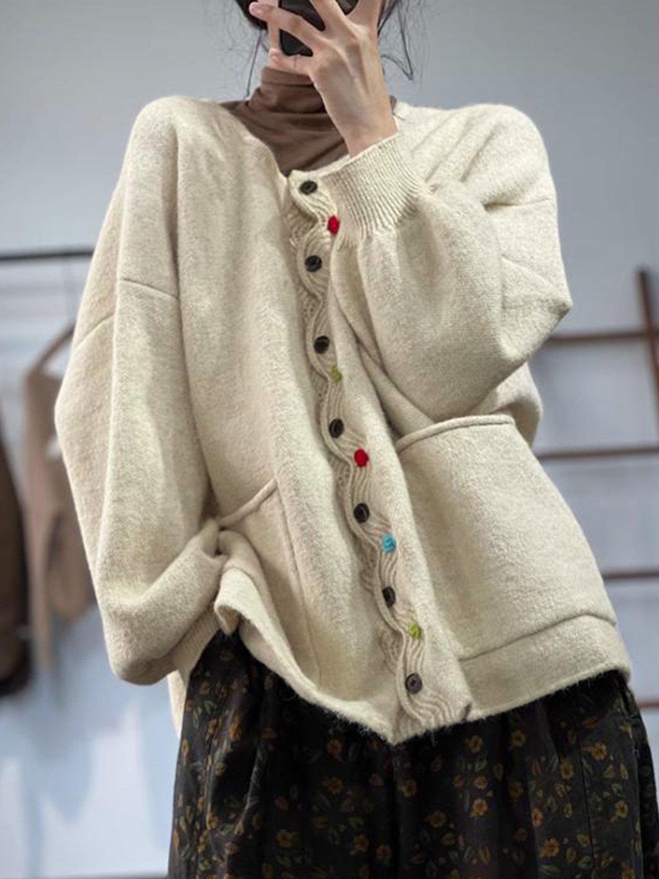 Casual Multicolor Block V Neck Loose Cardigan