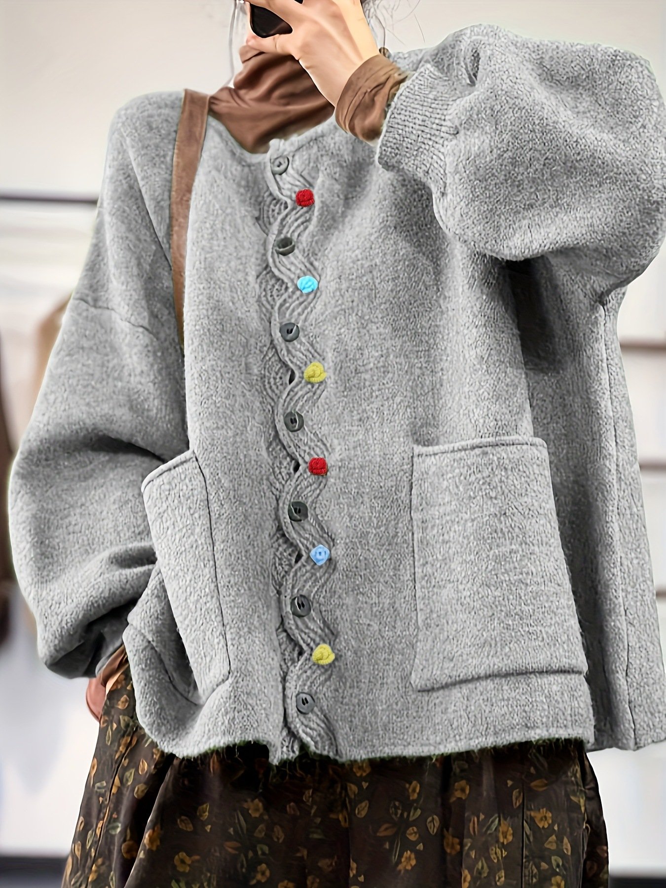 Casual Multicolor Block V Neck Loose Cardigan