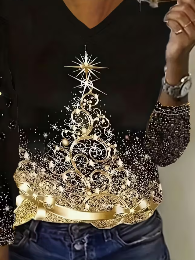 Women's Long Sleeve T-shirt Spring/Fall Black Christmas Printing Jersey V Neck Daily Going Out Casual Top