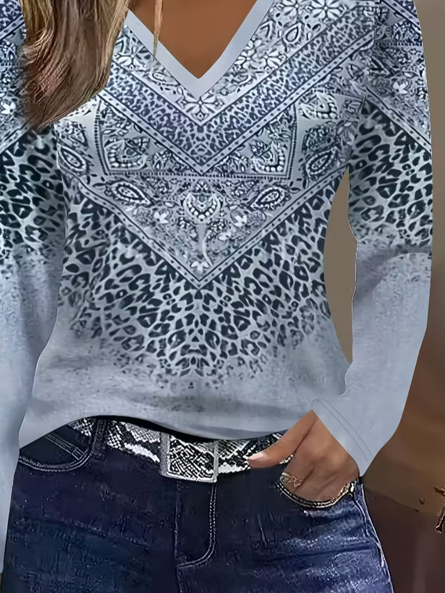 Women's Long Sleeve T-shirt Spring/Fall Blue Abstract Printing Jersey V Neck Daily Going Out Casual Top