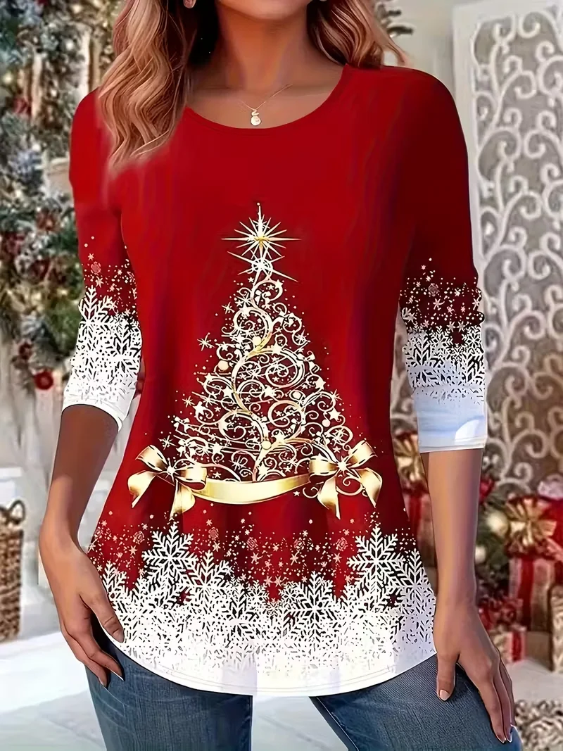 Women's Long Sleeve T-shirt Spring/Fall Red Christmas Jersey Crew Neck Daily Going Out Casual Top