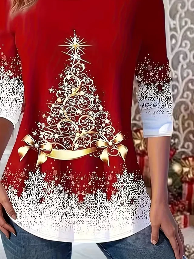 Women's Long Sleeve T-shirt Spring/Fall Red Christmas Jersey Crew Neck Daily Going Out Casual Top