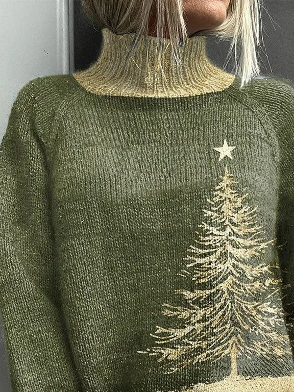 Women's Christmas Tree Print Casual Turtleneck Long Sleeve Sweater