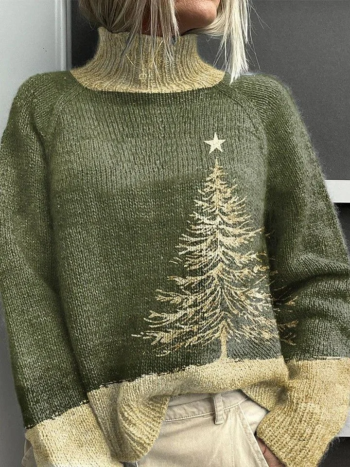 Women's Christmas Tree Print Casual Turtleneck Long Sleeve Sweater